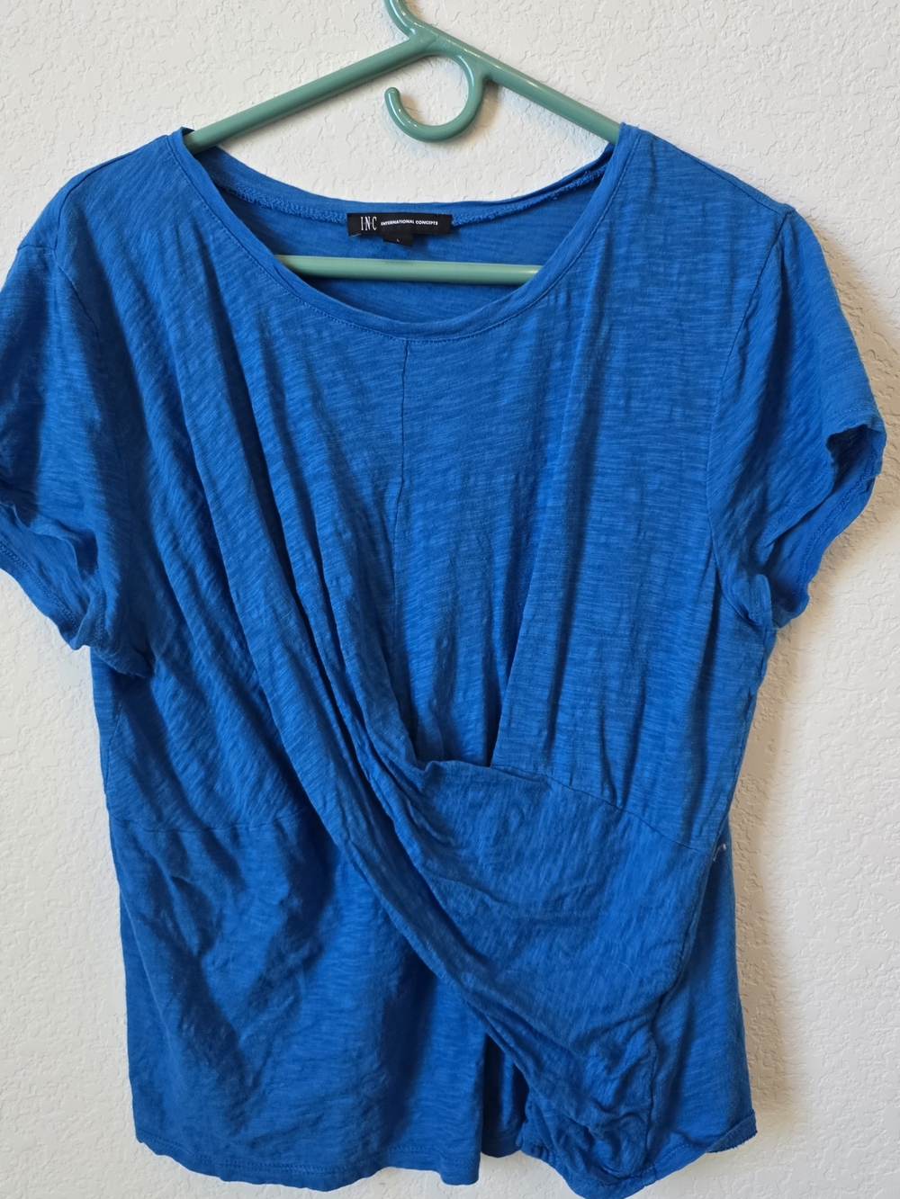 INC International Concepts Blue Twist Front Top Short Sleeve Size L